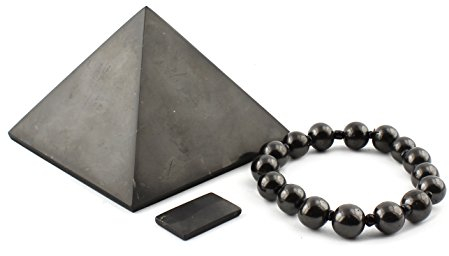 Heka Naturals Polierte Schungit-Pyramide (8 cm), Dehnbares Armband & Rechteckige Telefonplatte | Heimdekoration, Schungit-Stickerplatte - Chakra-Steine Naturkristalle Spiritueller Schmuck