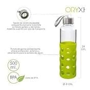 ORYX Botella Agua Fabricada En Cristal Con Funda De Goma y Tapon Antigotas, 500ml, Libre de BPA