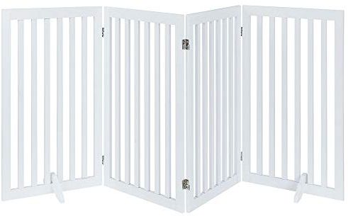 unipaws Freistehendes Absperrgitter Hund, Treppenschutzgitter ohne Bohren, Holz Kindergitter Klappbar，Türgitter Hunde Kaminschutzgitter mit Füßen, weiß (4 Elemente, 91 cm Hoch)