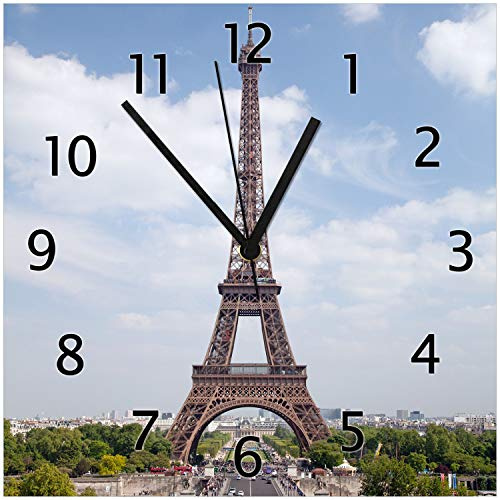 Wallario Design-Wanduhr Eiffelturm in Paris aus Glas, Motiv-Uhr Größe 30 x 30 cm, Schwarze Zeiger