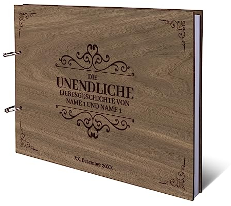 Hochzeit Gästebuch Nussbaum Holz Gravur individuell Holzcover mit 72 Blatt | 144 Naturpapier Innenseiten DIN A4 quer 302 x 215 mm - Liebesgeschichte