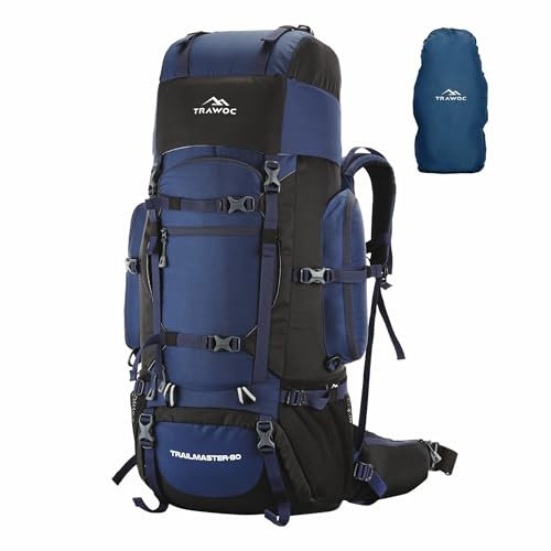TRAWOC Trailmaster 80L Rucksack für Damen und Herren, groß, wasserabweisend, Trekking, Wandern, Reiserucksack, 3 Jahre Garantie, Marineblau, XL, Modern