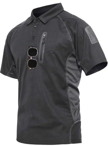 KEFITEVD Polo Funktionsshirt Herren Kurzarm T-Shirt mit Brusttasche Polyester Leicht Sommer Shirt Wandern Angeln Männer Freizeitshirt Dunkelgrau 3XL
