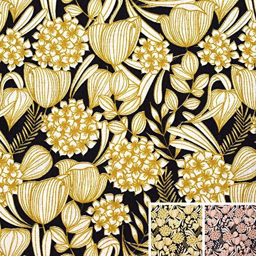 MAGAM-Stoffe Lyon Blumen Baumwollstoff Oeko-Tex Meterware 50cm (01. Schwarz-Senf)