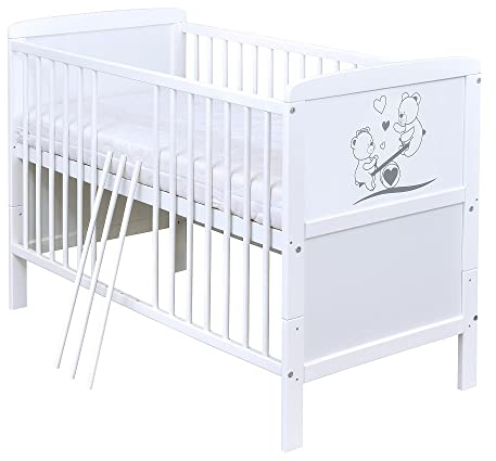 Baby Delux Babybett Kinderbett 70x140 Juniorbett Holz mit Teddy Wippe Motiv Weiß umbaubar mit Beißschienen
