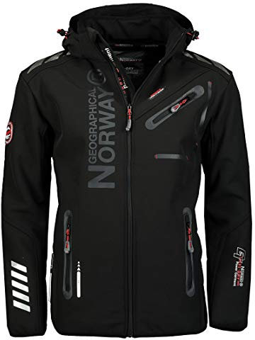 Geographical Norway Royaute Men - Veste Softshell Homme Impermeable - Manteau À Capuche Outdoor - Blouson Coupe Vent Tactique Resistant Hiver - Activites En Exterieur (Noir Noir S)
