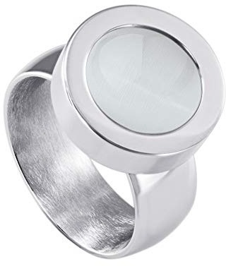 Quiges Glänzendes Silber Edelstahl Ring 12mm Mini Coin Halter Wechselring und Austauschbar Weißes Katzenauge Stein in Größe 21mm