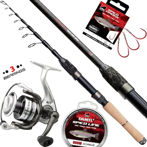 Fischzeux Angelset Forelle komplett – Mini Angelrute, kompaktes Profi Reiseruten-Set (2,40 m)