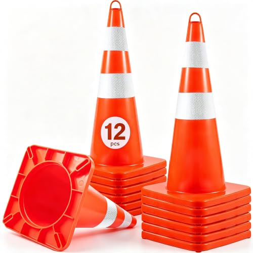 VEVOR Cono de Tráfico 12 Piezas 73 cm Pedestal de Obra de PVC Naranja, Cono de Seguridad con Base Pesada y 2 Collares Reflectantes, para Demarcación de Estacionamiento de Emergencia en Estacionamiento