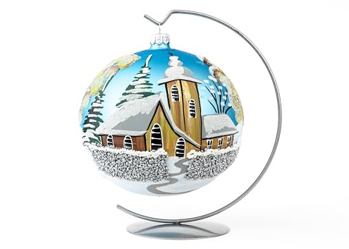 Blue Chapel Christmas Decoration Polish Blown Glass Ball Hand Painted Large Ball with Display Stand 150mm Eternal Faith Ornament