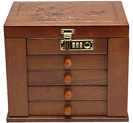 Schmuckkästchen, groß Schmuckschatulle Holz - Schmuckkasten 6 Ebenen mit 5 Schublade, Aufbewahrungsbox mit Spiegel, für Schmuck, Uhren -mit Exquisit Schnitzereien
