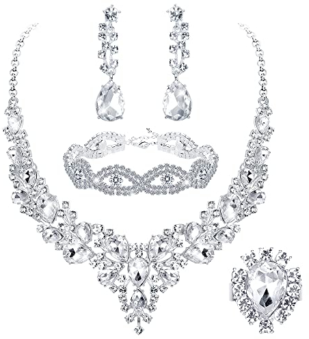 JeweBella 5PCS Hochzeit Schmuck Sets für Damen Kristall Braut Halskette Silber Vintage Strass Ohrringe und Armband Zirkonia Ringe Set Hochzeit Verlobung Braut Brautjungfer Prom Hochzeits Schmuck