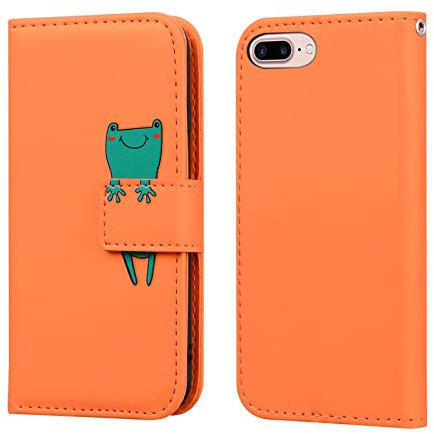 Bartern Flip Case for iPhone 7 Plus/iPhone 8 Plus,PU Leather Wallet Case with Card Slot Kickstand Magnetic,Cartoon Folio Phone Cover Compatible with iPhone 7 Plus/8 Plus,Frog Orange