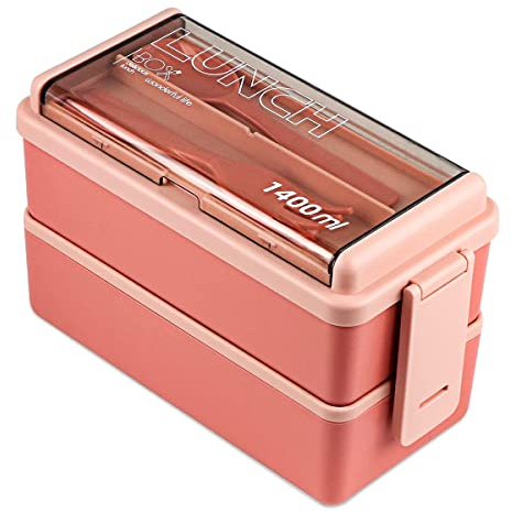 JUJIAN Upgrade Adult Bento Box, Stackable Lunch Box 2 Tier with Dust Cover for Porcelain, 49 Bento Salad Holeader Pink