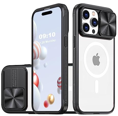 WATEFULL Clear Case Compatible with iPhone 14 Pro MagSafe with Sliding Camera Cover Protector, [Strong Magnets][Anti Yellow] Transparent Back Soft TPU Frame, for iPhone 14 Pro 6.1 (Black)