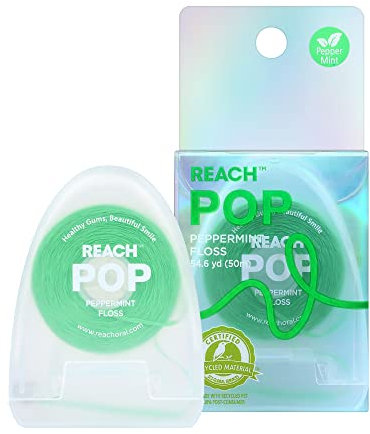 REACH POP Zahnseide 50M, umweltfreundliche Verpackung, veganes Wachs PFAS-frei, Haltbarkeit Schredderfestigkeit, gleitet reibungslos leicht, effektive Entfernung von Plaque, grüne Farbe