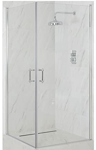 MILANO Chrome Corner Double Hinged Door Shower Enclosure 760 x 760mm | Toughened Glass Panels. Aluminium Profile. Traditional Style. Frameless Design. Corner Installation.