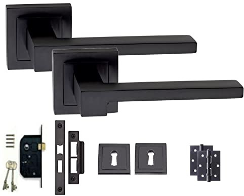 Golden Grace Zeta Door Handle Set with Latches & Hinges, Key Lock Set | Includes spindle, screws, 64mm mortise hardware and matching escutcheon; square rose backplate suits internal rooms.