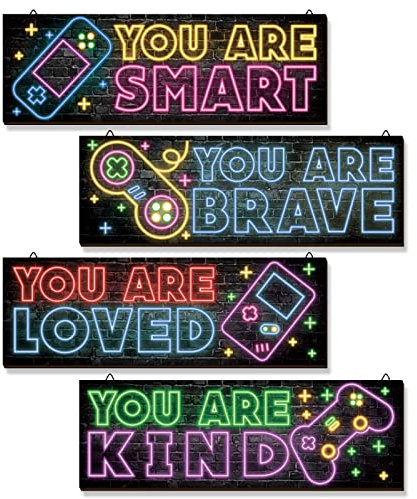 4 Pieces Neon Gaming Decor for Boys Room Wooden Video Game Wall Art Print 11.8 x 3 Inch Motivational Quote Gamer Hanging Plaques Wall Decor for Boys Kids Room Bedroom Playroom Decorations (Neon B)