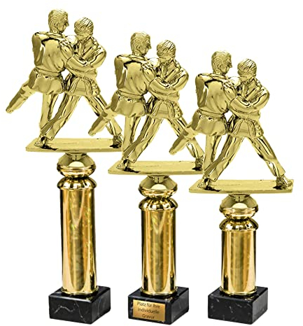 eberin · Kampfsport Pokal · Judo · Karate · Jiu-Jitsu · Taekwondo · Aikido · Kämpfer auf Goldsäule/Marmor schwarz · Auszeichnung · Pokal · in 3 Größen erhältlich · mit oder ohne Gravur ·