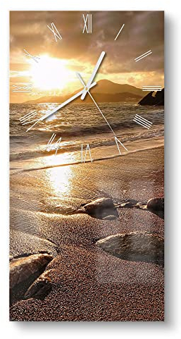 DEQORI Glasuhr | horizontal 30x60 cm | Motiv Strand im Sonnenuntergang | große XXL Design Uhr aus Glas | leise Wanduhr für Wohnzimmer & Küche | Moderne Hingucker Uhr für die Wand