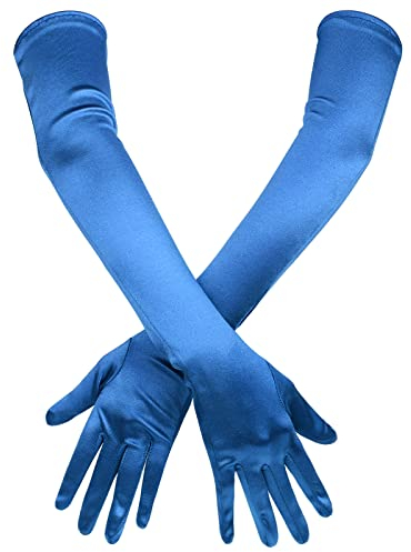 Lange Ellbogen Satinhandschuhe, Elegant Dehnbar Lange Handschuhe 53cm Opernhandschuhe Abend Tanzparty Handschuh für Frauen Cosplay Karneval Jubiläum (Blau)