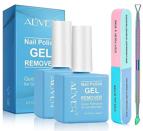 HUALIJIA Gel Nail Polish Remover Kit, 2Pcs Peeler Scraper and File Buffer, Safe & Harmless - Easily Quickly Removes Soak-Off in 2-5 Minutes, Clear