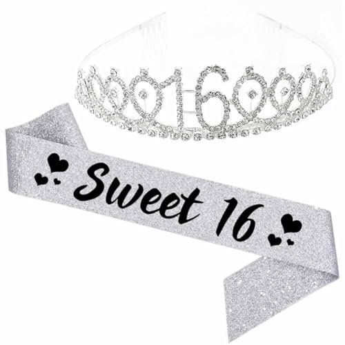 SHTGOI Geburtstags-Krone Schärpe Set zum 16. Kristall Geburtstagskrone und Geburtstag Schärpe 16 & Sweet Geburtstag Mädchen Deko Schärpe und Tiara Geburtstag Geschenke für Geburtstag Deko Silber