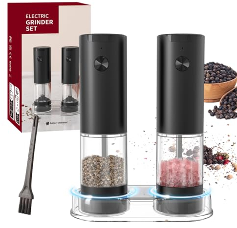 Aisining Electric Salt and Pepper Grinder Set, Automatic Salt and Pepper Mill Shakers with Battery Operated, 95 ml Large Capacity, LED Light, Adjustable Coarseness for Kitchen, Restaurant, Outdoor