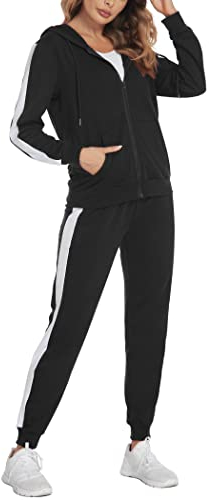 Parabler Trainingsanzug Damen Zweiteiler Jogginganzug Set Sportanzug 2 Teilig Freizeitanzug Trainingsjacke mit Kapuze Polyester Schwarz XL