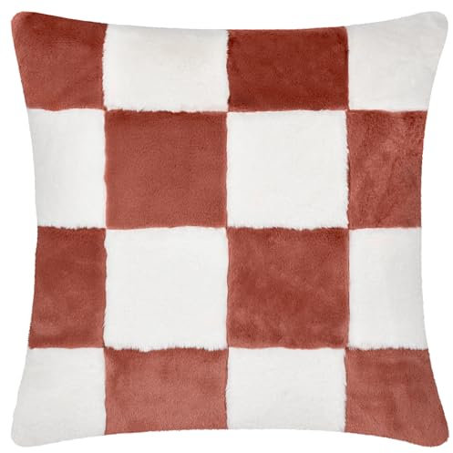 furn. Heya Home Cozee Check Faux Fur Cushion Cover – Ultra-Soft Checkerboard Design (Rust – 50 x 50 cm, Pack of 1)