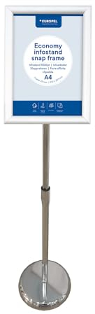 Europel Infoständer Economy, Klapprahmen A4 Silber, Profil 25mm, Hoch- oder Querformat, höhenverstellbar, Präsentationsständer für Plakate, Schilder, Werbung, Menüs, Geschäfte, Hotels, Restaurants.
