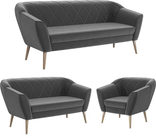 MEBLINI Mini Sofa Set 3-2-1 für Wohnzimmer - Mini Lounge für sechs Personen - Küchensofa - Sofa Klein - Sitzgarnitur - Polstergarnitur - Sofagarnituren - Gisela - 3+2+1 - Dunkelgrau Samt