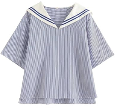 BAIMORE Damenmode Marineblau Kragen Bluse Schleife Knoten Kurzarm Gestreift Sommer Casual Lose Shirt