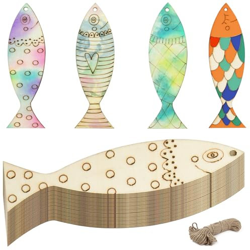 36-teilige hölzerne Fisch-Dekor-Ausschnitte, 4 Arten von DIY-Holzhandwerk zum Bemalen von Formen für Liebhaber verschiedener Tierdekorationen,for Creative Projects Cat Lover Decorations Animal