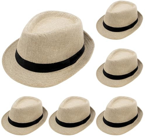 LYCN 6 Pack Short Brim Fedora Hats, Panama Straw Hats Bulk for Men & Women,1920s Sun Hat Trilby Hat for Beach Party Costume (Beige)