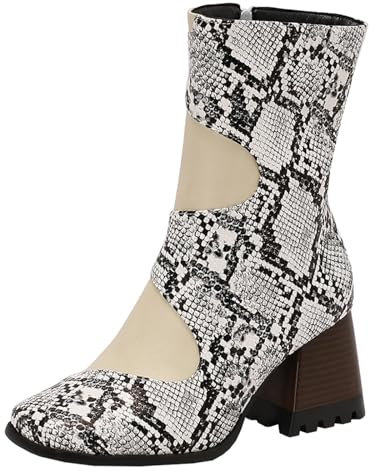 HSyc JRX Stivale da donna con tacco alto a blocco, stivaletti invernali con tacco da 7 cm, 43, Motivo serpente beige, 43