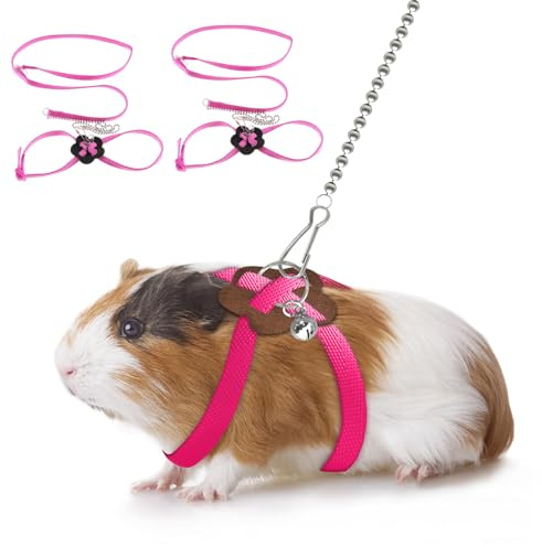 CQJ 2 Pack adjustable Hamster Leash Harness for Harness for Ferret Baby Rabbit Hamster Rat Mouse Leash Lead with bell (Pink)