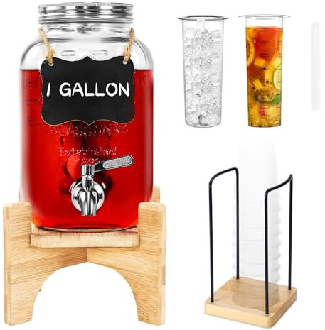 Dispensador de bebidas de vidrio con soporte, dispensador de bebidas de 1 galón para fiestas con portavasos, agua/jugo/té/limonada/ponche/sangría/bebida helada, espiga de acero inoxidable 18/8