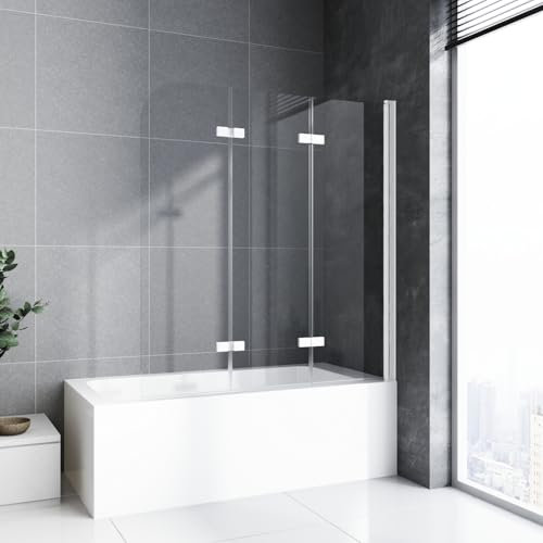 Duschwand für Badewanne faltbar 3 teilig 140 x 140 cm Badewannenfaltwand Duschtrennwand mit Stabilisator 6mm Nano Glas Duschabtrennung Badewanne, Weißer Rahmen