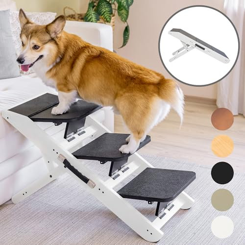 Hundetreppe für Bett & Sofa 2-in-1 mit Rampe - Höhenverstellbare Hunderampe für Couch 18-50 cm für Kleine Hunde - Leicht zu Bewegen Haustiertreppe mit Absatzplattform, Weiß