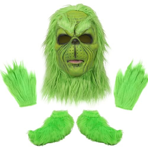 Yearsahrk 3 STÜCKE Monster Maske Kostüm Weihnachten Grün Monster Maske Weihnachtsmütze Handschuhen Schuhüberzüge Karneval Halloween Kostüm Latex Props