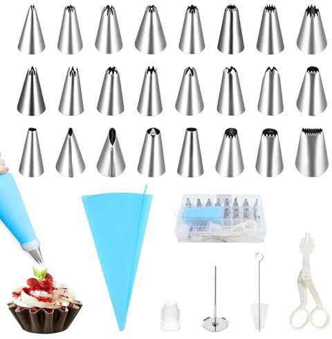 29 Pièces Kit Douilles Pâtisserie Professionnel avec Douilles en Acier Inoxydable, Poche à Douille Réutilisable Outils de Cuisine pour Décoration Gâteaux Cupcakes et Patisseries Accessoires DIY