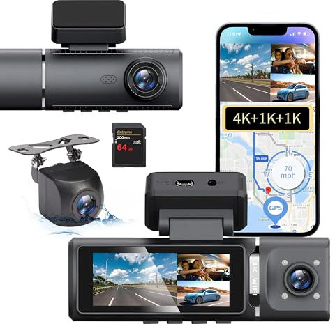 4K Dash Cam 3 Channel Dashcam for Cars 4K+1080P+1080P Front and Rear Inside Triple Car Camera with 64GB Card WiFi GPS HDR,Night Vision G-sensor,Loop Recording,Parking Monitor