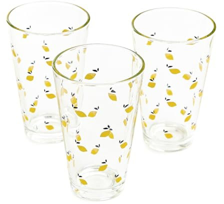 HOMLA Trinkglas Set, Token Summer, 3 Stück, 0,3 l, Transparent, Zitronenmuster