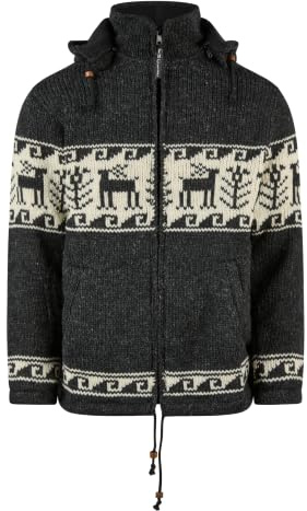THC Natural Line Schafwollstrickjacke Rentier Schwarz 606 – Warme Wolljacke mit norwegischem Muster & Fleece-Futter – Nordische Outdoorjacke – Kapuze abnehmbar