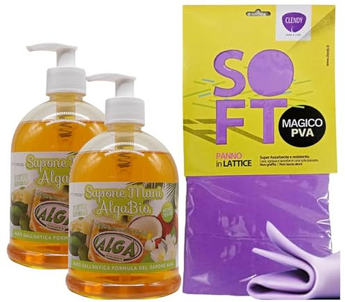 Sapone Mani Ecologico All'Olio di Cocco: Dona Frescheza Lasciando una Gradevole Profumazione e una Sensazione di Morbidezza, 500ml + OMAGGIO 1 Panno in Lattice (2 Flaconi + 1 Panno)