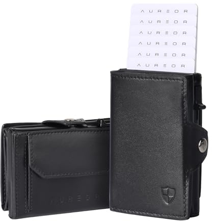 AUREOR Slim Wallet mit Münzfach | Echtleder Geldbörse für Herren | Karten Portemonnaie | Kartenetui mit RFID Schutz | Smart Wallet 3.0 | Minimalistisches Design | Edles Schwarz