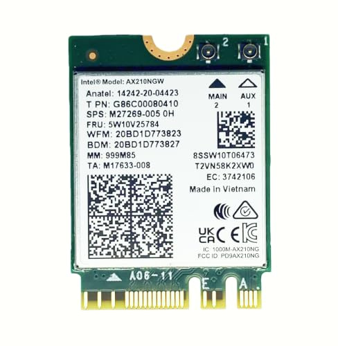 Carte sans fil Intel AX210 NGW Bluetooth 5.3 WiFi 6E sans fil Tri-Band 5400 Mbps pour ordinateur portable compatible Windows 10/11 (64 bits) M.2/NGFF