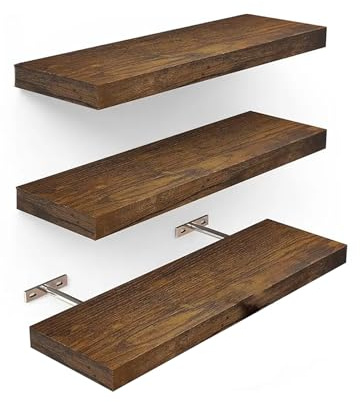 BSKJMMP 3 Stück Wandregal Nussbaum Dick Hängeregal für Die Wand Verzugs- und Rissbeständig 43 cm mit Unsichtbaren Halterungen Bücherregal